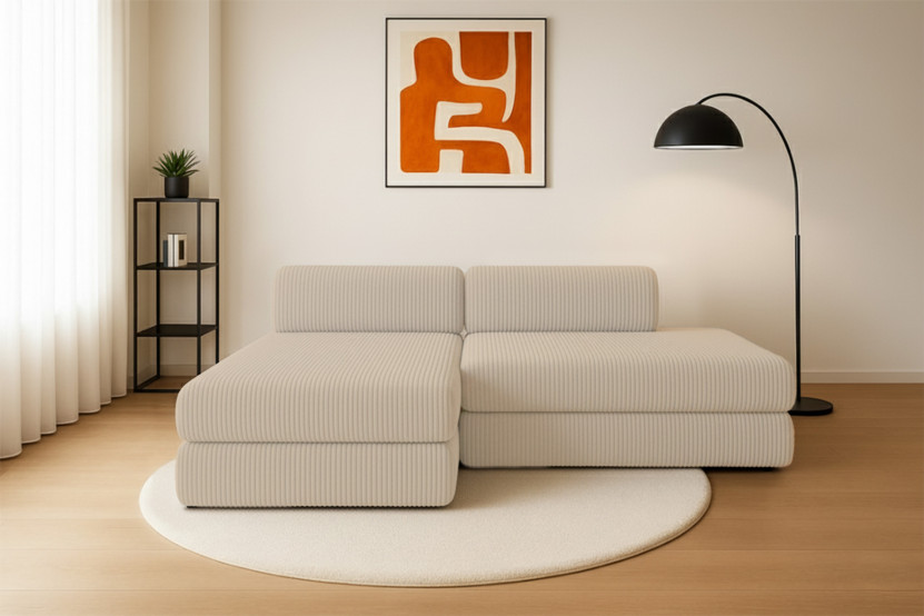 Canapé d'angle 5 places - 2 modules convertibles : Canapé 2 places + Méridienne - Velours côtelé XL Beige