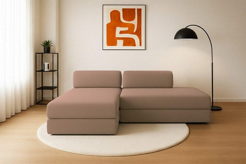 Canapé d'angle 5 places - 2 modules convertibles : Canapé 2 places + Méridienne - Tissu lisse Marron