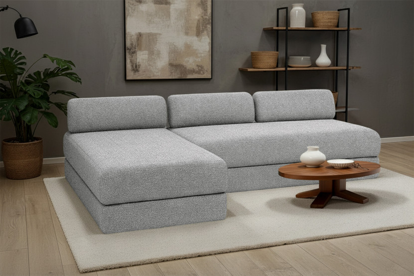 Canapé d'angle 6 places - 2 modules convertibles : Canapé 3 places + Méridienne - Tissu tweed Gris