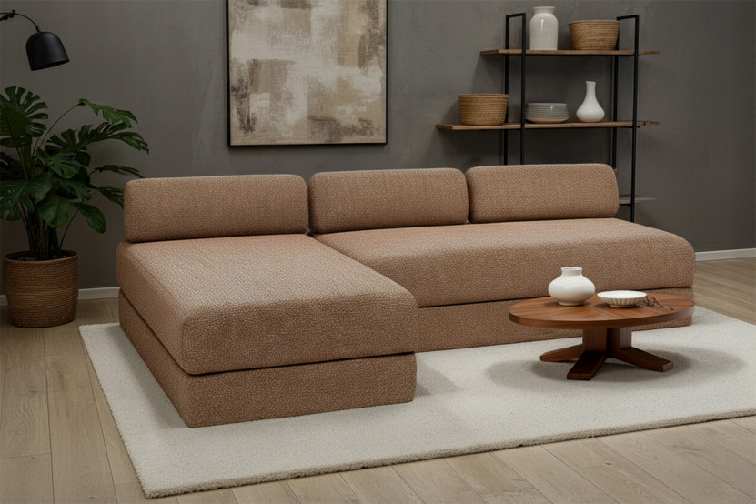 Canapé d'angle 6 places - 2 modules convertibles : Canapé 3 places + Méridienne - Tissu tweed Marron