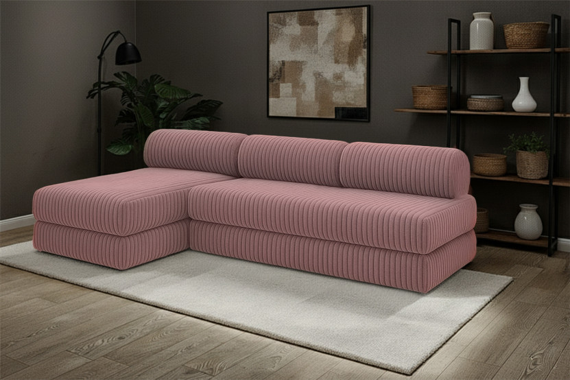 Canapé d'angle 6 places - 2 modules convertibles : Canapé 3 places + Méridienne - Velours côtelé XL Rose