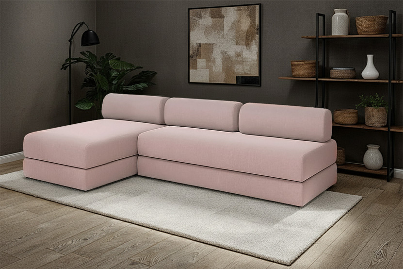 Canapé d'angle 6 places - 2 modules convertibles : Canapé 3 places + Méridienne - Tissu lisse Rose