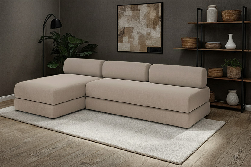 Canapé d'angle 6 places - 2 modules convertibles : Canapé 3 places + Méridienne - Tissu lisse Taupe