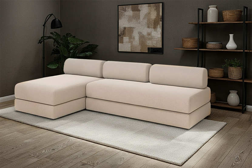 Canapé d'angle 6 places - 2 modules convertibles : Canapé 3 places + Méridienne - Tissu lisse Beige