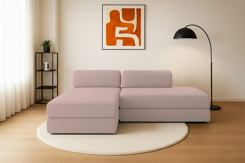 Canapé d'angle 5 places - 2 modules convertibles : Canapé 2 places + Méridienne - Tissu lisse Rose