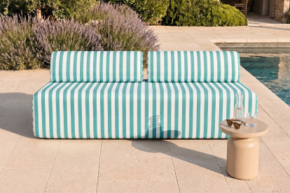 Canapé 3 places modulable - Tissu extérieur à rayures, blanc et bleu turquoise