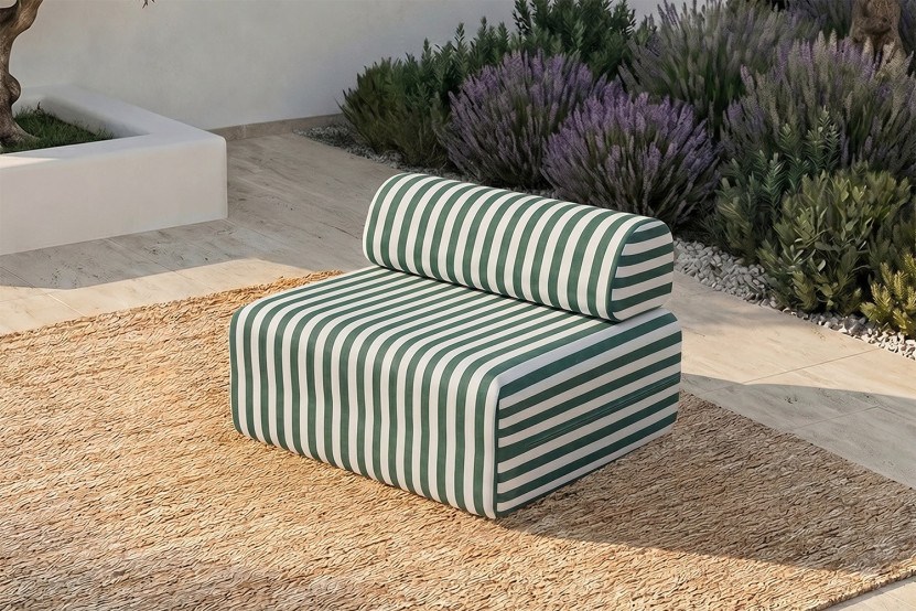 Fauteuil modulable - Tissu extérieur à rayures, blanc et vert foncé