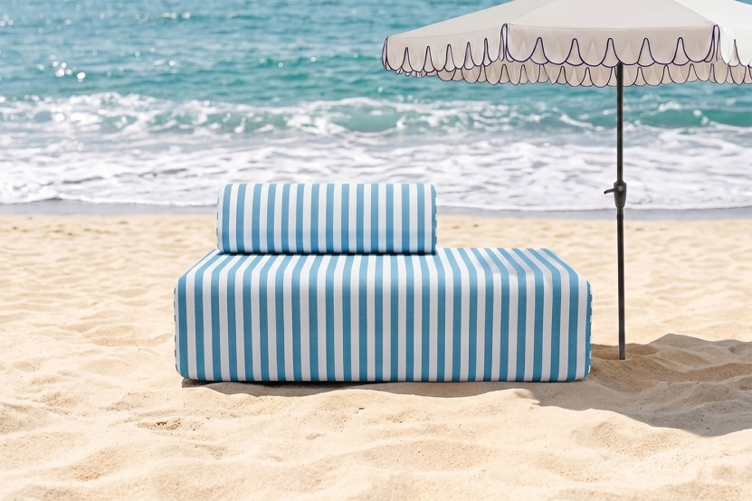 Canapé 2 places modulable - Tissu extérieur à rayures, blanc et bleu