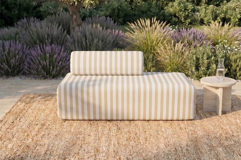 Canapé 2 places modulable - Tissu extérieur à rayures, blanc et beige