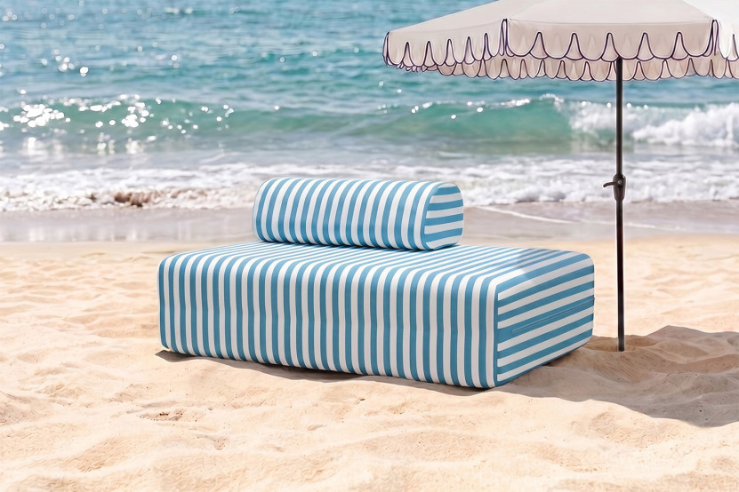Canapé 2 places modulable - Tissu extérieur à rayures, blanc et bleu