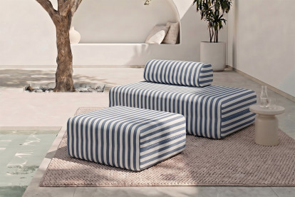Pouf modulable - Tissu extérieur à rayures, blanc et bleu foncé