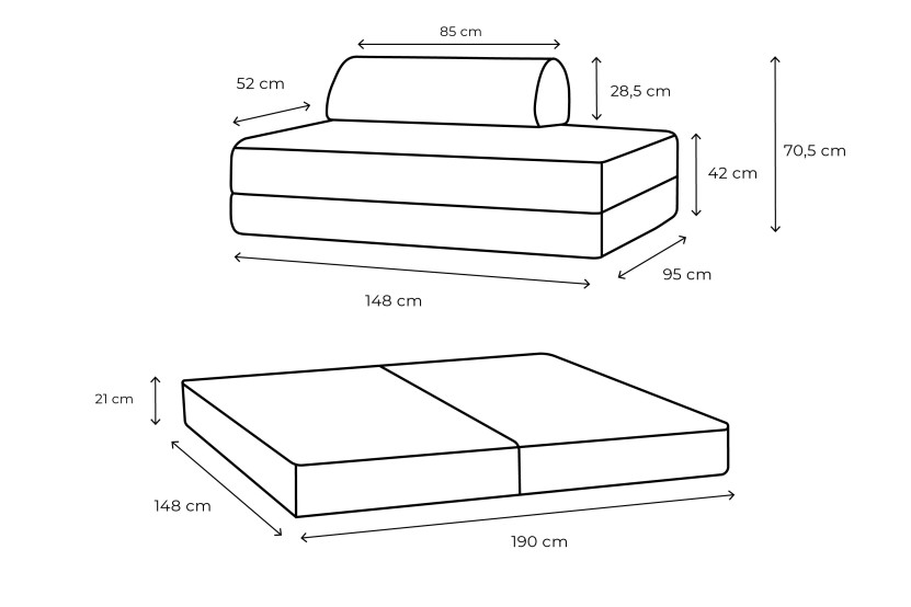 Canapé 2 places convertible et modulable - Tissu lisse Gris clair